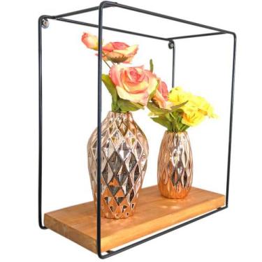 Imagem de Nicho Mini de Parede de Ferro e Madeira Quadrado Carvalho e Preto - Ar