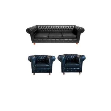 Imagem de 1 Sofá 1.80 + 2 Poltronas Chesterfield Luiz XV Corano Preto / barbeari