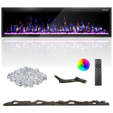 Imagem de Lareira Elétrica de 183 cm, Ultrafina, Embutida ou de Parede, Troncos, Madeira Flutuante ou Cristais, Controle Remoto, Termostato, Kucreiheat