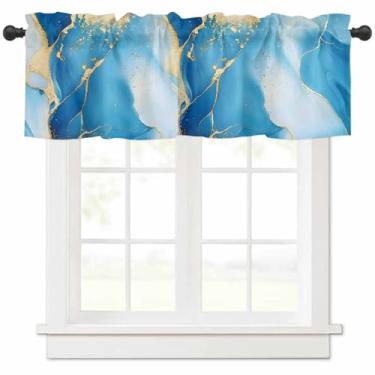 Imagem de Cortina de sanefa de mármore dourado azul celeste, dourada, ombré, para cozinha, moderna, abstrata, azul-celeste, dourada, textura de mármore, cortina de bolso para varão, para banheiro, sala de