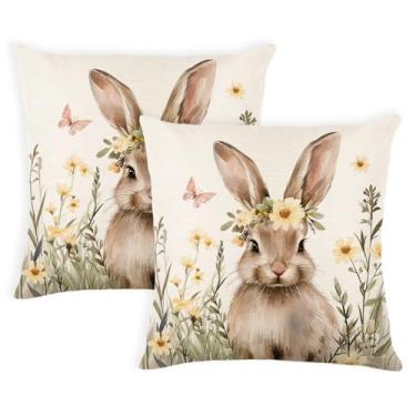 Imagem de MAZSHTTD Capas de almofada de Páscoa, coelhinho, 45,7 x 45,7 cm, conjunto de 2 capas de almofada de coelho para decoração de Páscoa, sofá, sofá, Páscoa, festivais de férias, decoração de casa, branca