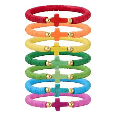 Imagem de Vinswet 7 pulseiras da amizade com contas fofas Heishi surfista contas de argila conjunto para mulheres preppy stretch camadas empilháveis boho disco Y2K estética verão praia joias, 7.48, Argila de