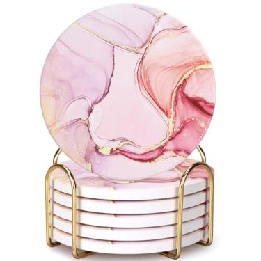 Imagem de Dksyee 6 peças de porta-copos redondos de cerâmica abstrata de mármore rosa com suporte, conjunto de porta-copos de bar com suporte de metal dourado