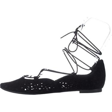 Imagem de Sapatilhas de balé femininas Nine West de couro Zavanna com bico de amêndoa e envoltório no tornozelo