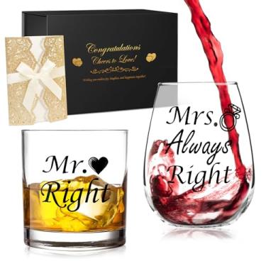 Imagem de DIOXADOP Presentes de noivado de casamento para casais: conjunto de copos de casamento Sr. e Sra. Presentes de chá de panela - Copos de vinho de uísque para noiva presente de lista de despedida de