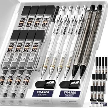 Imagem de Nicpro Conjunto de lápis mecânicos artísticos, 6 peças, 4 lápis de desenho 0,3 e 0,5 e 0,7 e 0,9 mm e 2 peças de suporte de grafite de 2 mm (4B 2B HB 2H) para escrever, esboçar desenho com 12 refis de