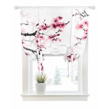 Imagem de Cortinas de amarrar para janelas aquarela, rosa, flores de cerejeira, bolso de haste, persiana de janela de amarrar, ajustável, cortina de balão, saia pastoral, ramo de flores para quarto, cozinha,