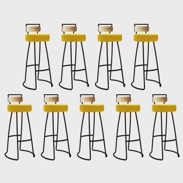Imagem de Kit 09 Banqueta Alta Alice Bar Balcão Cozinha Com Encosto Madeira Ferro Preto Corino Amarelo - Ahz Móveis
