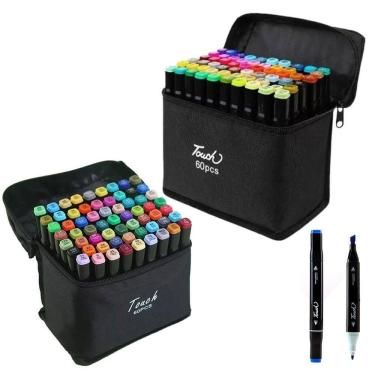 Imagem de Canetinha Permamente Estojo 60 Cores Kit 2 unidades Ponta Dupla Caneta Marcador Bolsa com Alça Escola Trabalho Curso Pintura