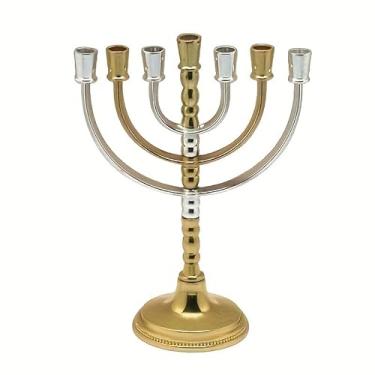Imagem de Castiçal de Hanukkah Menorá 7 ramos, suporte de vela Jerusalém para decoração de festa de feriado judaico dourado, ornamentos de decoração de casa, mesa de centro de mesa