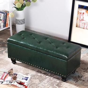 Imagem de Mesa de centro com armazenamento, banco acolchoado para os pés para sala de estar, quarto, banco de armazenamento retangular com pernas de madeira, couro sintético tufado para armazenamento otomano