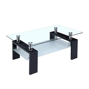 Imagem de Mesa de centro preta, mesa lateral branca, vidro iluminado, com prateleira, móveis de sala de estar, madeira, 100 x 50 x 44 cm (C x L x A)