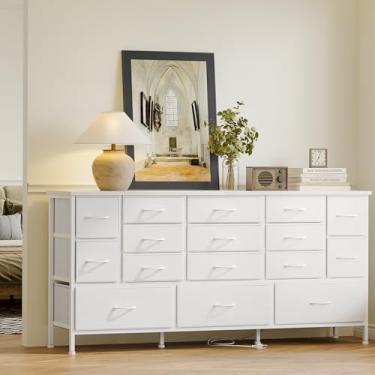 Imagem de Fixwal Cômoda com suporte de TV de 160 cm, suporte de TV de 178 cm com tomadas, cômoda longa com 16 gavetas grandes, cômoda de tecido para sala de estar, quarto, entrada, branca