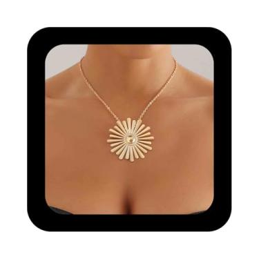 Imagem de Erimberate Colar com pingente de girassol boêmio, dourado, metal, flor, gargantilha, grande, texturizado, colares de corrente de girassol, minimalista, pétala de flor, colares florais para mulheres