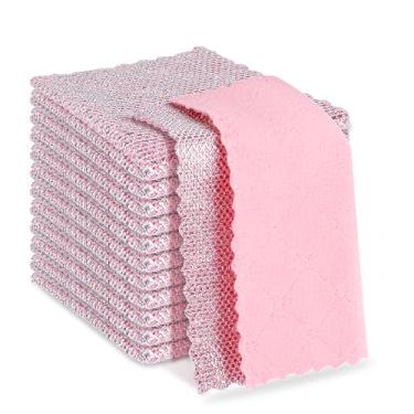 Imagem de Arrozon 12 peças de pano de lavar louça de fio de microfibra rosa, panos de limpeza milagrosos de arame multiuso, pano de prato para limpeza de pratos, panos de prato para limpeza de balcões