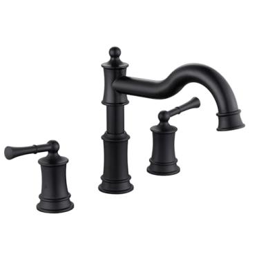 Imagem de Torneira de banheira romana, conjunto de torneira de banheira com 3 furos, válvula de 2 manípulos com cartucho, torneira elegante clássica de montagem em deck de alto fluxo 22,5 cm, preto fosco