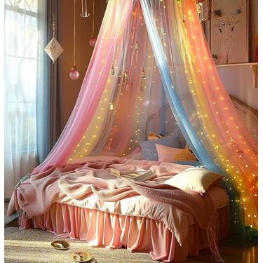 Imagem de Comtelek Mosquiteiro Com Dossel Para Meninas, Arco-Íris Cortinas De Led, Tamanho Queen Size, Tenda Rede Decoração Princesa King Size