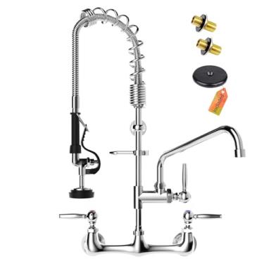 Imagem de Torneira de pia comercial de 63,5 cm de altura com pulverizador de pré-enxágue | Torneira de cozinha de montagem na parede | Bico giratório de 30 cm 8 pulverizador central ajustável para industrial