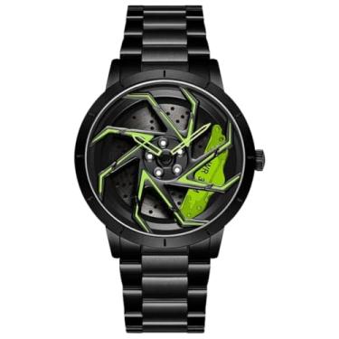 Imagem de Relógio de Pulso Masculino com Design de Roda, Mostrador Giratório 360°, Verde e Prata, Pulseira em Aço Inoxidável (Preto)