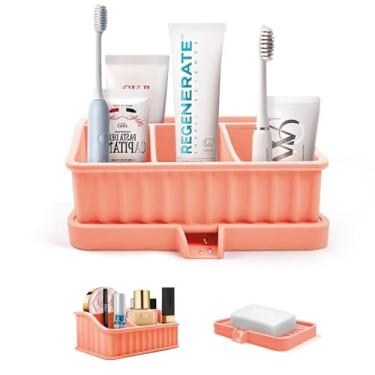 Imagem de Porta-escovas de dentes para banheiros, escova de dentes elétrica infantil e suporte de pasta de dente com drenagem, 5 compartimentos destacáveis, saboneteira, suporte de escova de dentes, organizador