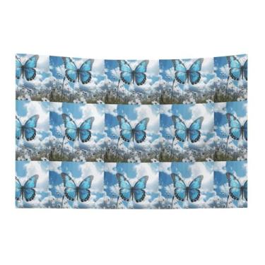 Imagem de Bandeira com quatro furos bandeiras para todos os climas borboleta azul e nuvens impressas bandeira decorativa bandeiras de poliéster adequadas para uso interno e externo 89 x 159 polegadas