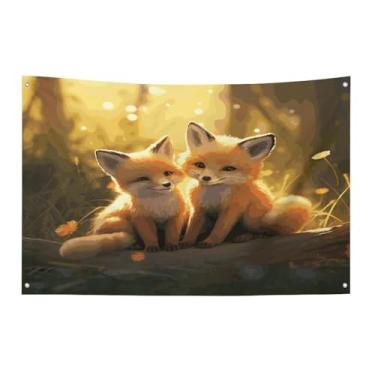 Imagem de Bandeira com quatro furos bandeiras para todos os climas lindas raposas impressas bandeira decorativa bandeiras de poliéster adequadas para uso interno e externo 89 x 159 centímetros