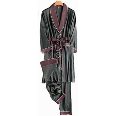 Imagem de Pijamas Camisola De Seda Dos Homens Verão Fino Listrado Longo Verão Pijamas De Seda De Gelo Roupão De Banho Primavera E Outono Terno