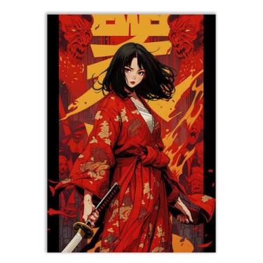 Imagem de Placa Decorativa Anime Gueixa Samurai De Vermelho Espada Poster Quarto Sala
