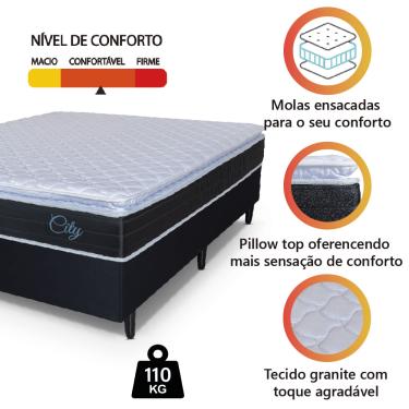 Imagem de Cama Box Casal Colchão Com Molas Ensacadas City Pillow Top 138x188x61cm Preto/Branco Hellen