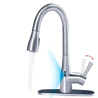 Imagem de GOESMO Torneira de cozinha sem toque com pulverizador puxador, torneira de pia de cozinha com sensor de movimento com 1 alça 2 modos spray de ancoragem magnético, torneiras de cozinha cromadas inteligentes para pia 1 ou 3 furos