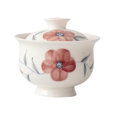 Imagem de Conjunto de chá de Gongfu pintado à mão – Flor de pêssego vibrante em porcelana branca pura, inclui Gaiwan chinês e xícaras de chá, conjunto de presente de cerimônia de chá, conjunto de chá para