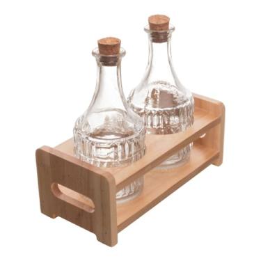 Imagem de LYOR - Conjunto 2 Garrafas para Azeite de Vidro com Tampa Rolha e Suporte de Madeira 180ml