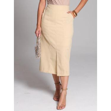 Imagem de Saia Midi de Linho com Fenda Charmosa e Cós Flexível - Lumia, Creme, G