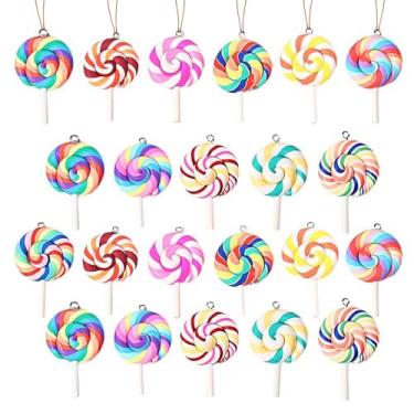 Imagem de 24 peças de enfeites de pirulito de Natal, mini enfeites coloridos para pendurar em bengala doce de argila de polímero, pingentes de hortelã-pimenta para decoração de casa de festa de árvore de Natal