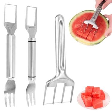 Imagem de 3 Peças Cortador de Melancia em Aço Inoxidável, Duas Cabeças 2 em 1 Garfo Fatiador Melancia com Boleador de Melão Corte Triplo Verão Cortador Frutas para Cozinha Camping Festas
