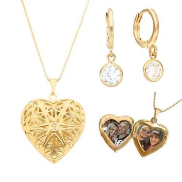 Imagem de Kit Relicário com fotos coração colar e brinco argola ouro 18k Banhado
