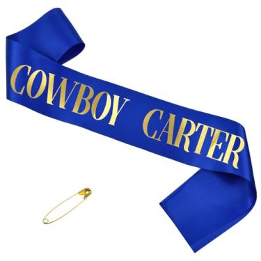 Imagem de Faixa Cowboy Carter com azul e dourado; vaqueira americana; faixa grande de cowboy rodeio bang para shows, festivais; faixa ocidental para presentes para caubói vaqueira natal dia dos namorados fãs