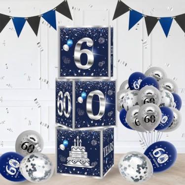 Imagem de 3 caixas de decoração de aniversário de 60 anos para homens azul prata 60º feliz aniversário balões caixas suprimentos festa tema aniversário 60 anos decoração caixa de papelão.