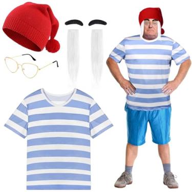 Imagem de GANSHAYA Fantasia de contramestre de barco, camisa listrada azul, gorro vermelho de tricô, óculos, sobrancelhas, bigodes, Halloween, cosplay, Multicor, XX-Large