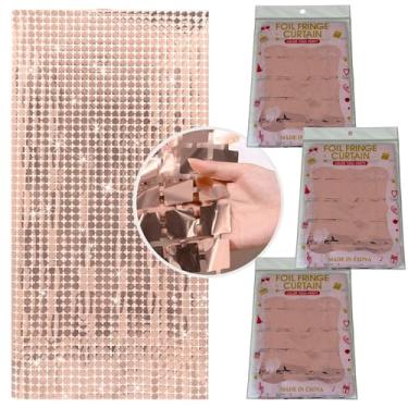 Imagem de Kit 3 Pçs Cortina Shimmer Metalizada Quadradinha 1x2m Painel Decorativo Para Festa Aniversários (Rose)