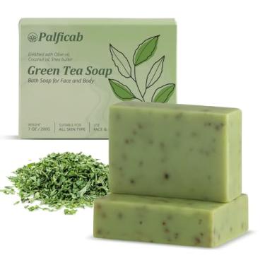 Imagem de PALFICAB Sabonete de chá verde, sabonete de banho natural com folhas de chá, óleo de coco, manteiga de karité, caseiro - Sabonete vegano com prensado a frio para rosto e corpo, ajuda a hidratar a