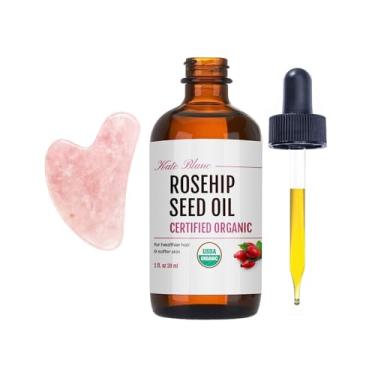 Imagem de Kate Blanc Cosmetics Óleo de Rosa Mosqueta para Rosto com Pedra Gua Sha Rosa (28 g, Orgânico, Puro, Prensado a Frio) Óleo Facial de Semente de Rosa Mosqueta para Massagem Gua Sha