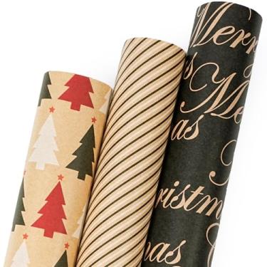 Imagem de LaRibbons Conjunto de papel de embrulho de Natal Kraft, elegante embrulho de presente com árvores, listras e feliz Natal, papel preto e marrom com recortes para Natal, presentes de festa, 43 x 3 m - 3