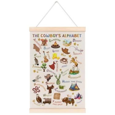 Imagem de laveliabel Moldura para pôster do alfabeto caubói ocidental, pôster de faixa de berçário de caubói ocidental com cabide de madeira, arte de parede educacional do alfabeto ocidental para quarto de bebê