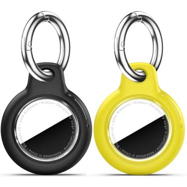 Imagem de Pacote com 2 Airtags de suporte à prova d'água com chaveiro Apple AirTag, capa rígida para PC AirTag, suporte antiarranhões e choques, chaveiros masculinos e femininos - preto + amarelo