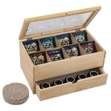 Imagem de Caixa organizadora de saquinhos de chá com gaveta, organizadores de chá com janela de acrílico transparente, caixa de chá de madeira para bancada com 8 compartimentos, suporte para saquinho de chá com