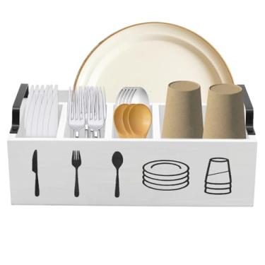 Imagem de blackonvlm Organizador de talheres de madeira com 5 compartimentos, caixa de armazenamento de copos de papel, porta-utensílios e talheres de festa, compartimentos para colher de papel, organizador de