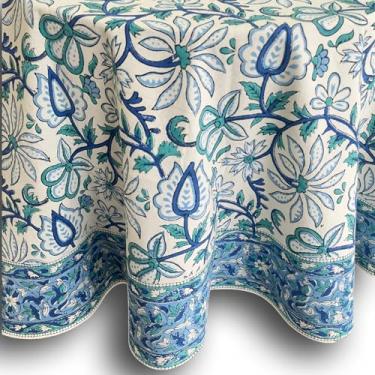 Imagem de India Arts Toalha de mesa redonda de 182 cm, 100% algodão, azul, verde, branca, floral, toalha de mesa para cozinha, jantar, casamentos, festas de fim de ano, restaurante, decoração de casa na