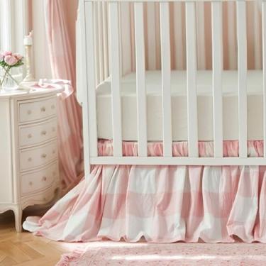 Imagem de Brandream Saia de berço Gingham reunida, bebê menino, menina, saia de berço de gênero neutro, 100% algodão, 4 lados, xadrez rosa claro guingão infantil saia para cama de berçário chique fazenda