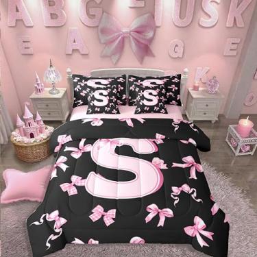 Imagem de Conjunto de cama casal de 7 peças, letra P, com laço rosa e laço rosa em uma bolsa, lindo conjunto de edredom com laço inicial com lençóis, feminino, sonhador, moderno, com enchimento de edredom
